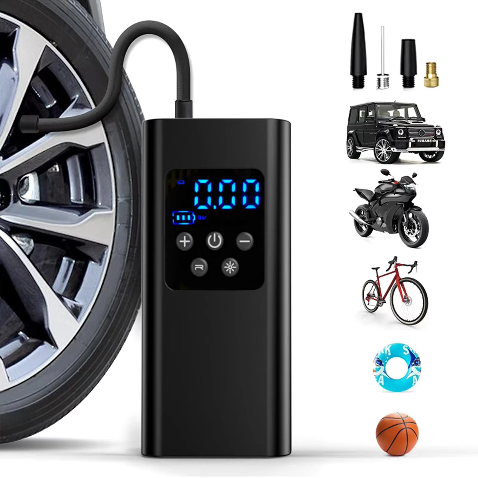 Wireless Electric Car Tire Pump Auto Shut-Off 6000mAh Digital Air Compressor with 3 Nozzle - 图片 3