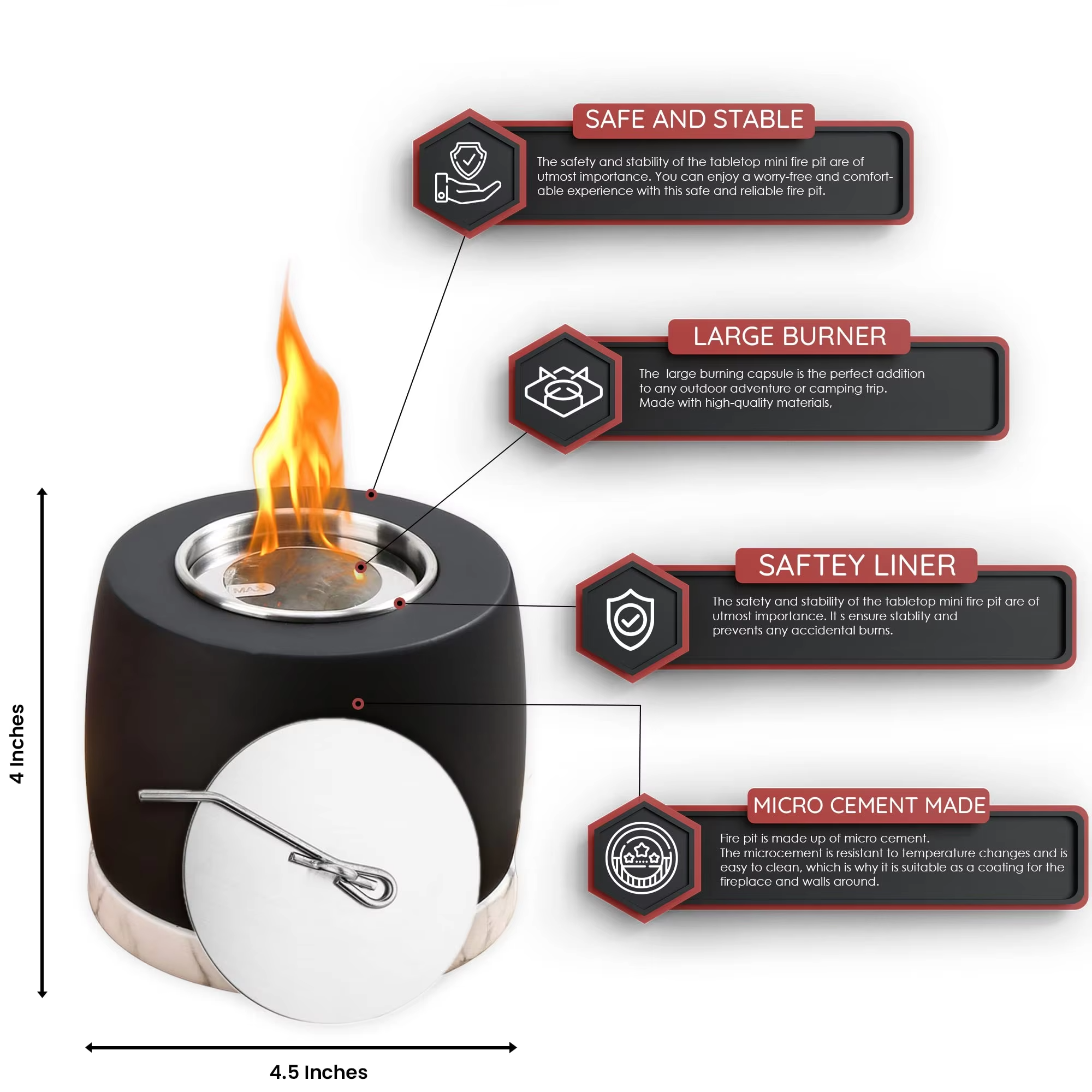Portable Indoor/Outdoor Mini Small Concrete Fireplace, Table Top Smores Maker Kit, Modern Home/Apartment Decor Fire Pit - 图片 4