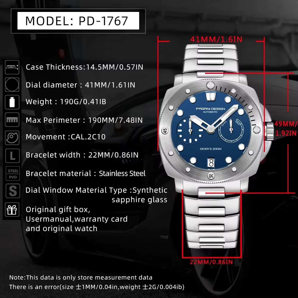 PAGANI DESIGN PD1767 Men's Automatic Mechanical Wristwatch Stainless Steel Strap Sapphire Crystal Diving Waterproof Reloj Hombre - 图片 5
